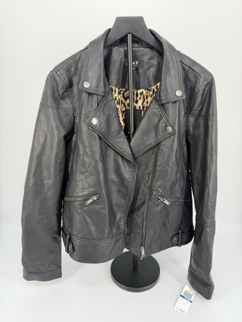 OAT New York Faux Leather Moto Jacket Black Leopard Lining XL Biker